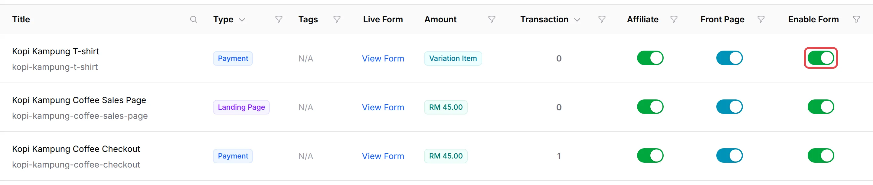 The forms list with the Enable Form switch of the first form highlighted