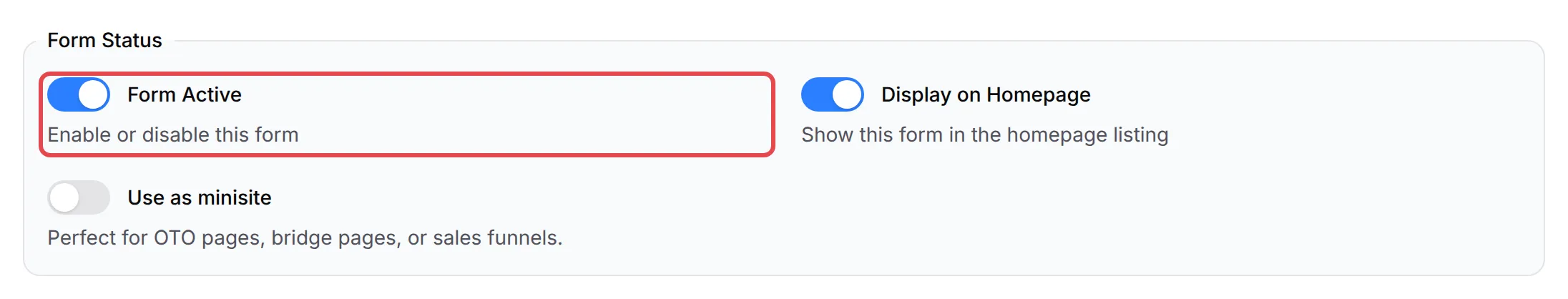 The Form Status section with the Form Active switch highlighted