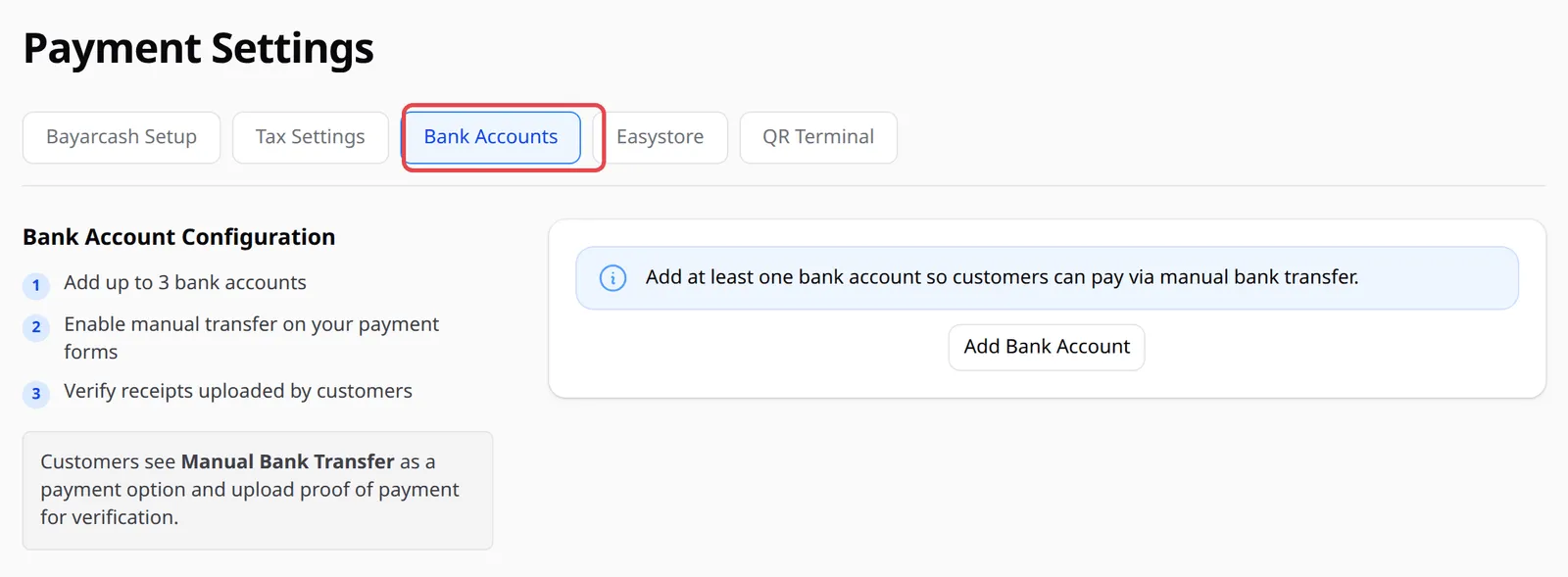 Page Payment Settings dengan tab Bank Accounts ditanda