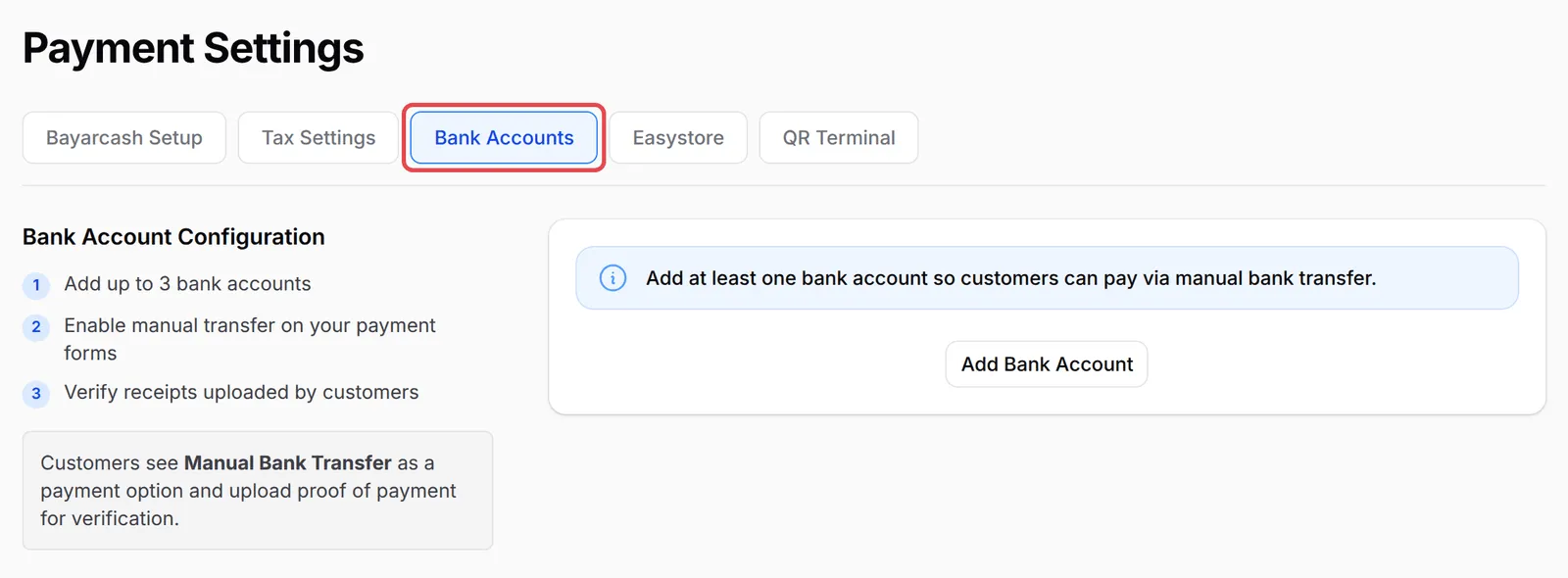 Payment Settings页面,Bank Accounts标签页已标示