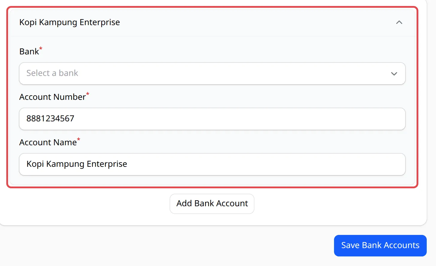 Akaun bank baru dengan ruangan Bank, Account Number dan Account Name ditanda