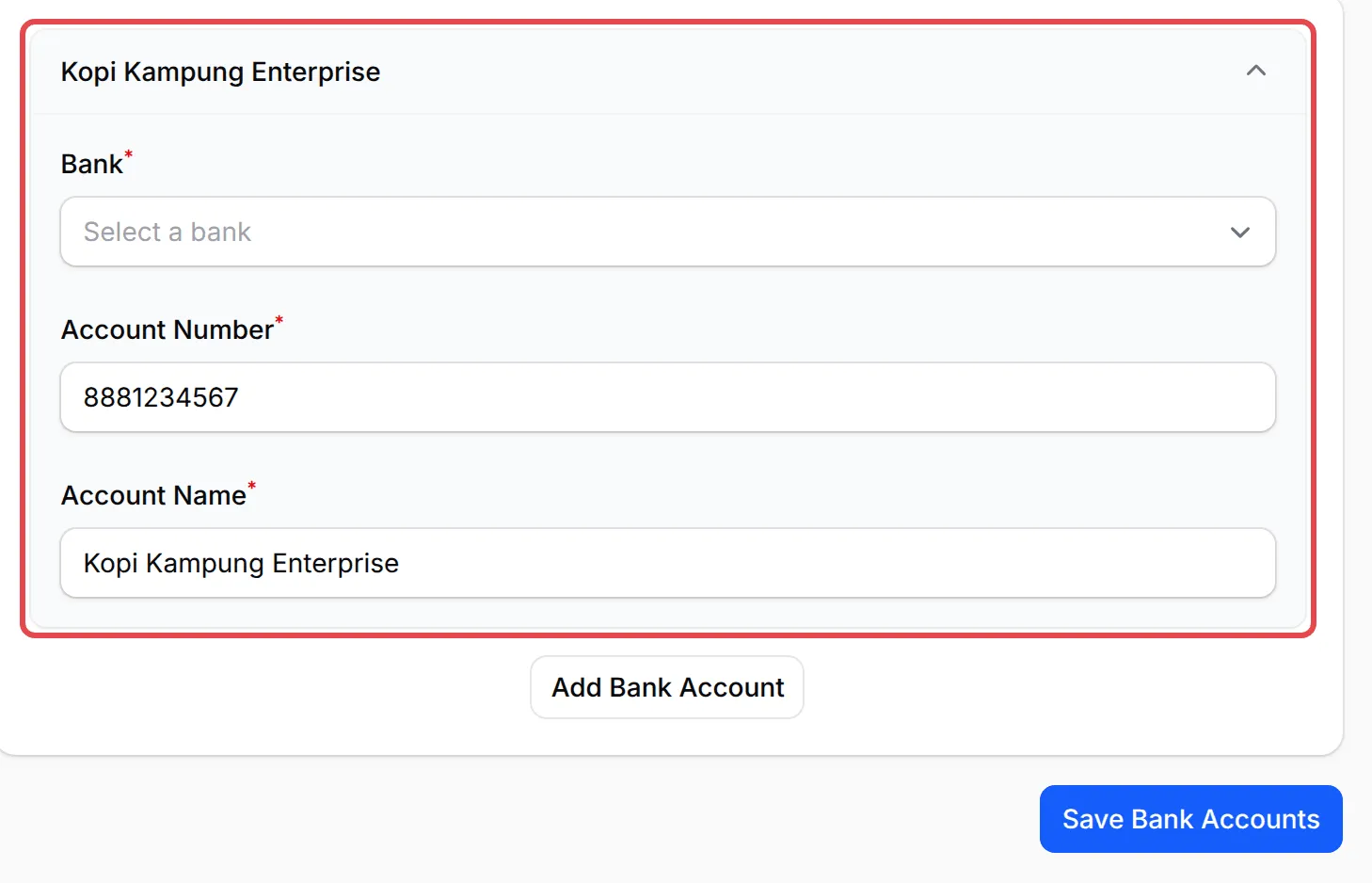 新的银行账户,Bank、Account Number和Account Name栏位已标示