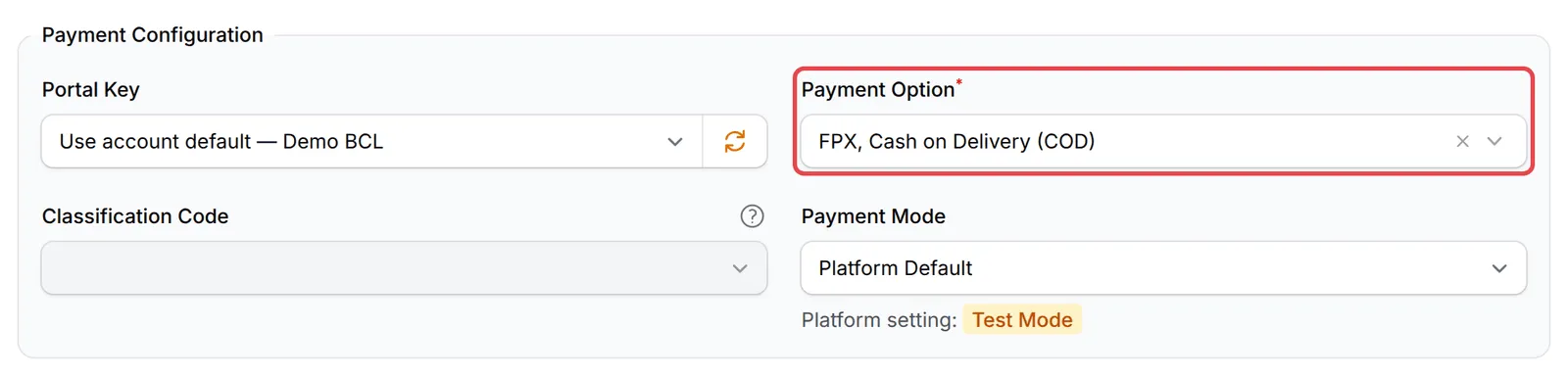 Payment Option栏位,已选择FPX和Cash on Delivery (COD)