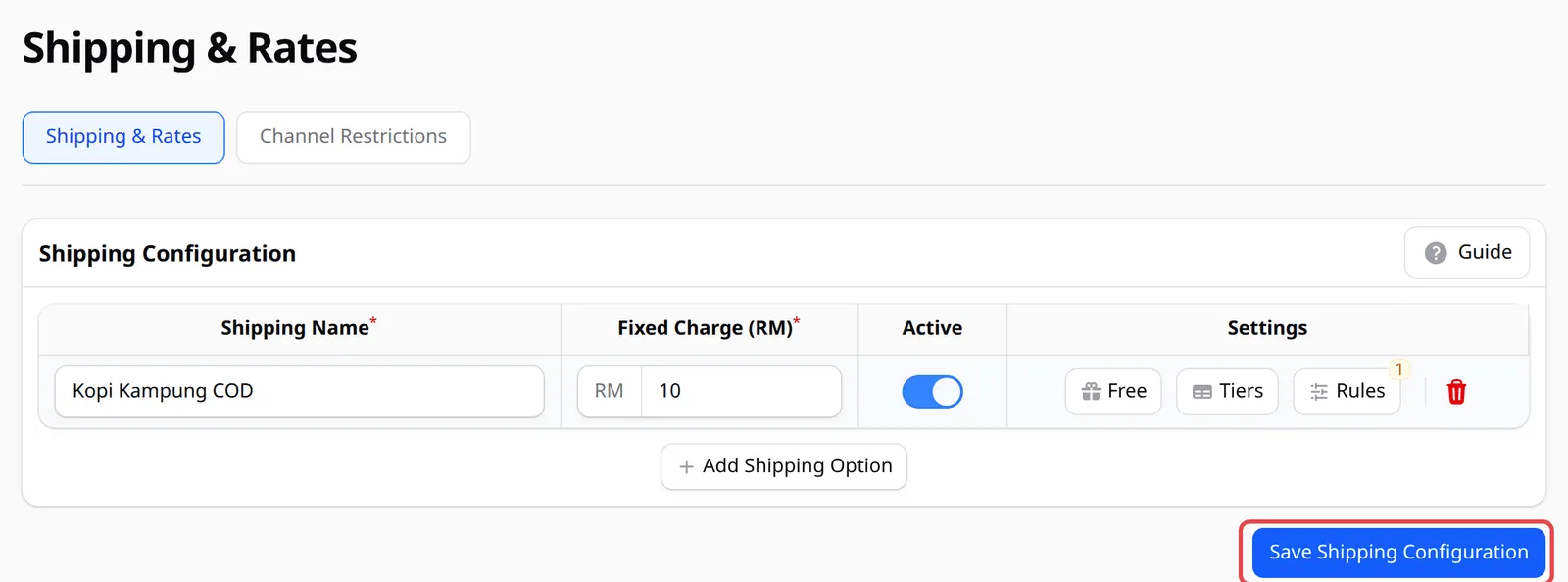 Pilihan penghantaran COD dengan caj tetap RM 10 dan butang Save Shipping Configuration ditanda