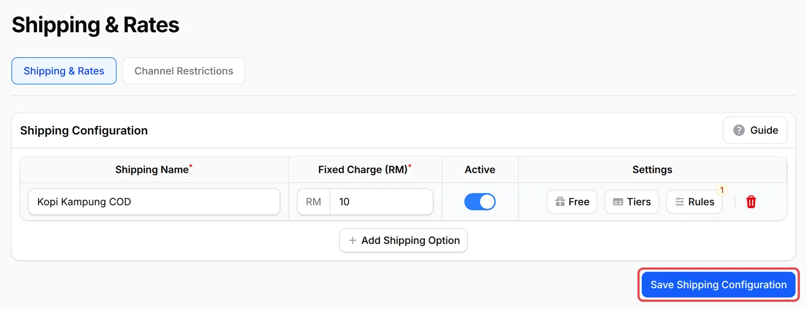 固定收费RM 10的COD运送选项,Save Shipping Configuration按钮已标示