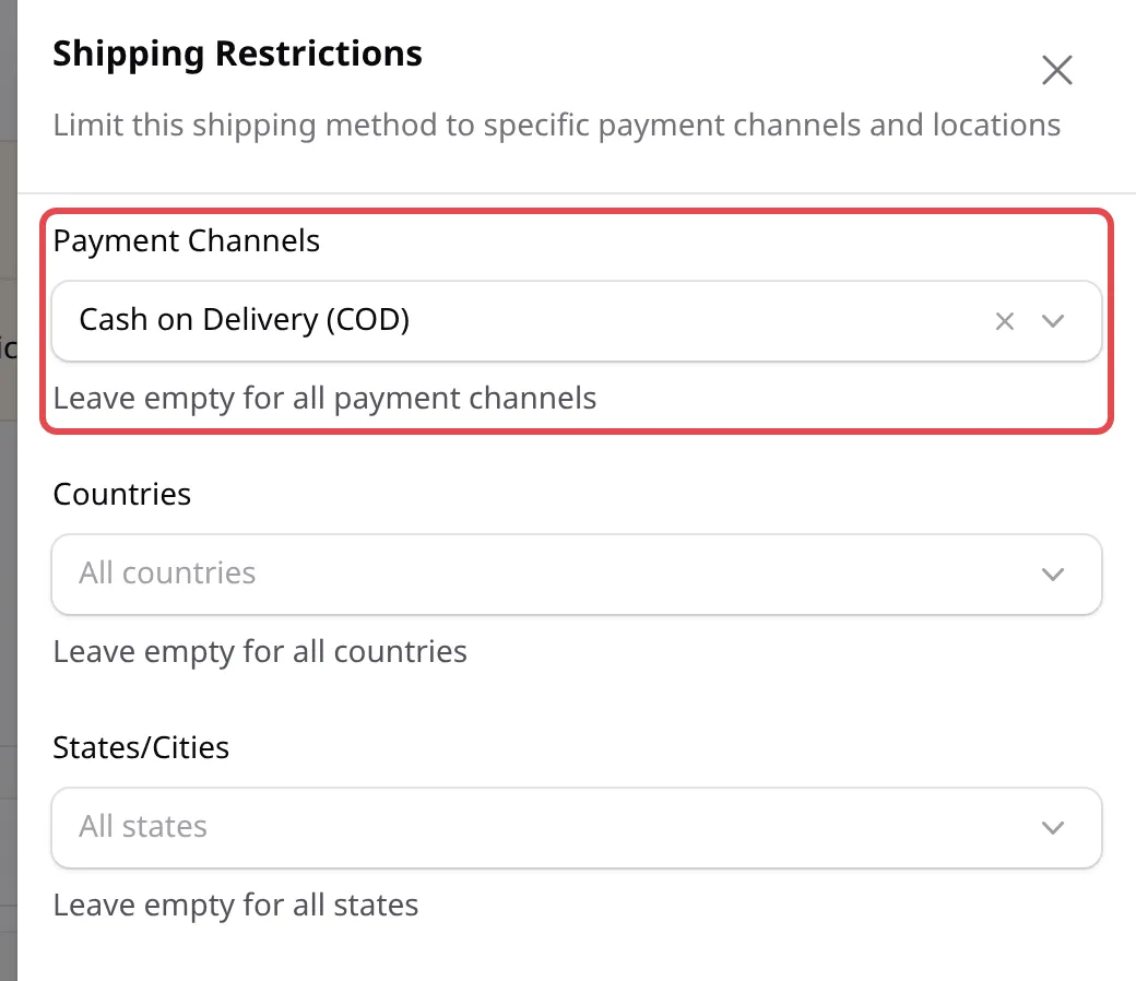 Panel Shipping Restrictions dengan Cash on Delivery (COD) dipilih dalam Payment Channels
