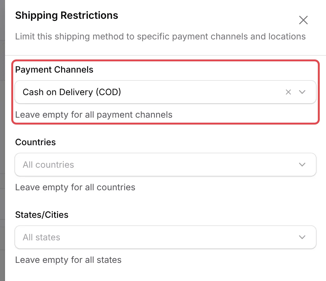 Shipping Restrictions面板,Payment Channels已选择Cash on Delivery (COD)