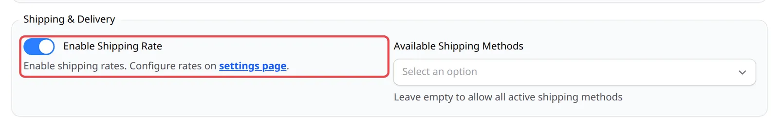 Bahagian Shipping & Delivery pada payment form dengan Enable Shipping Rate ditanda