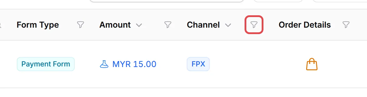 The Transactions table headers, with the filter icon next to Channel highlighted