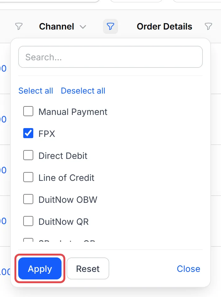 The Channel filter open with FPX ticked and the Apply button highlighted