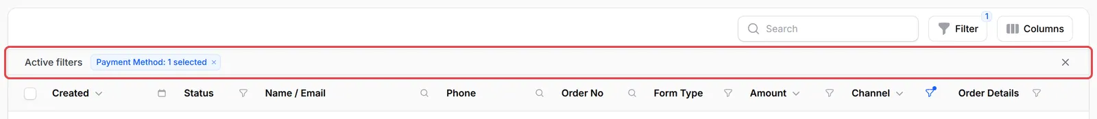 The Active filters bar above the Transactions table, showing one filter