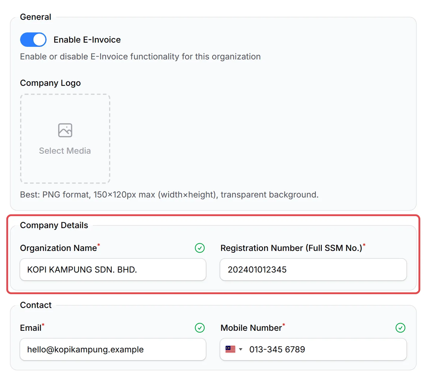 Company Information部分，已标示Company Details栏位