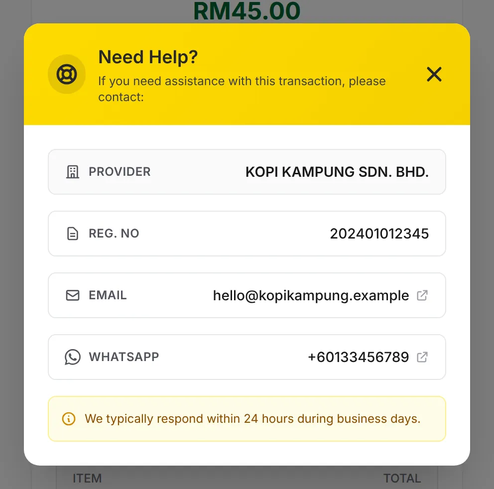 The Need Help? window on a receipt page, with the Provider, Reg. No, Email and WhatsApp rows