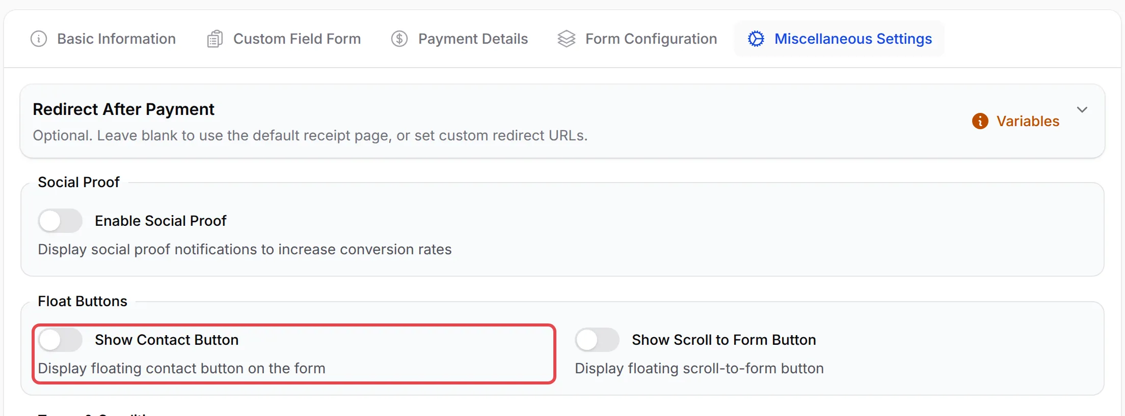 The Float Buttons section of a payment form with Show Contact Button highlighted
