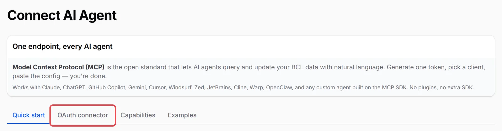 The Connect AI Agent page with the OAuth connector tab highlighted