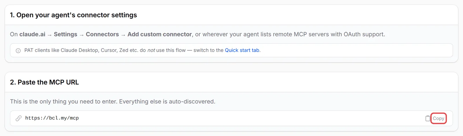 The OAuth connector tab, with the Copy button next to the MCP URL highlighted