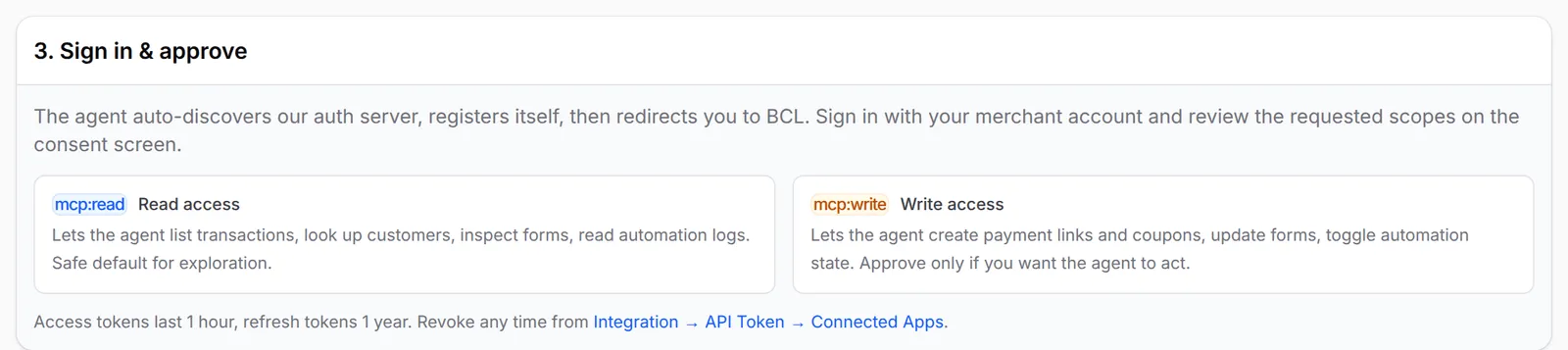 The Sign in and approve section, describing mcp as read access and mcp as write access