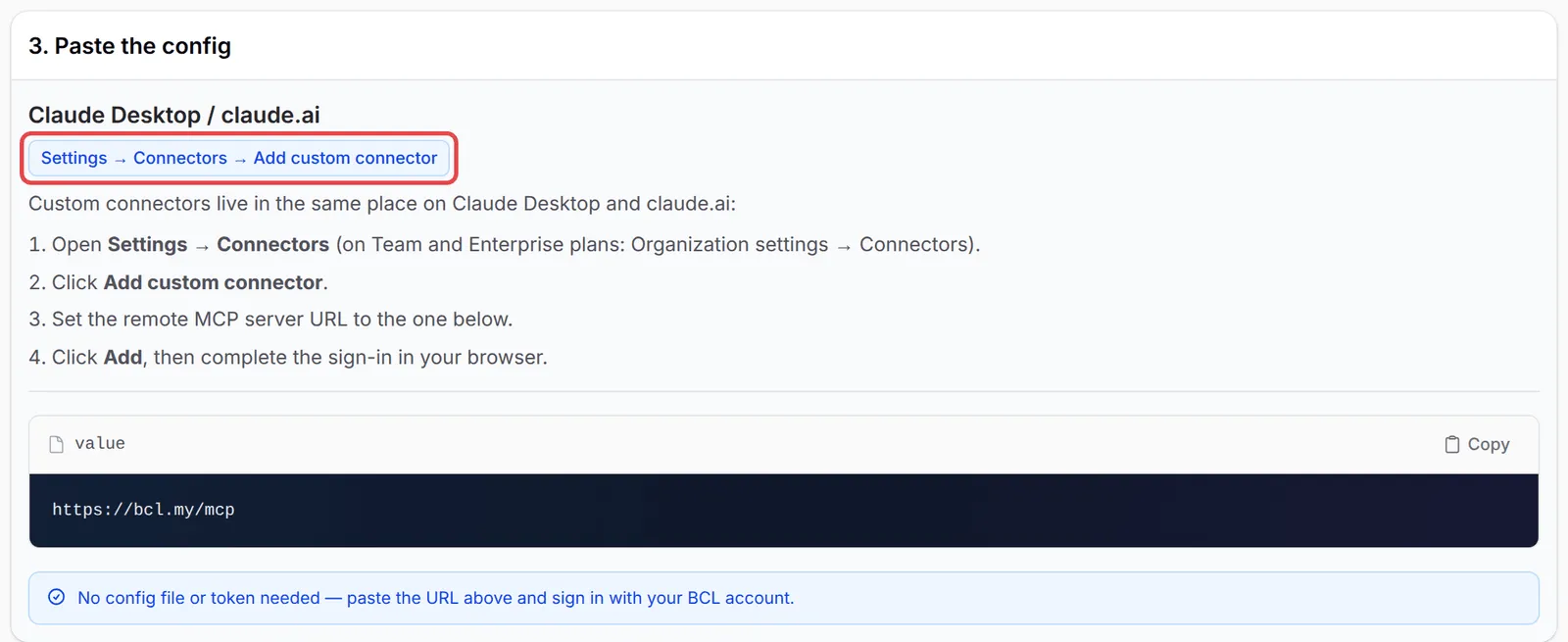 The Claude Desktop / claude.ai instructions on the Quick start tab, with the Settings, Connectors, Add custom connector path highlighted