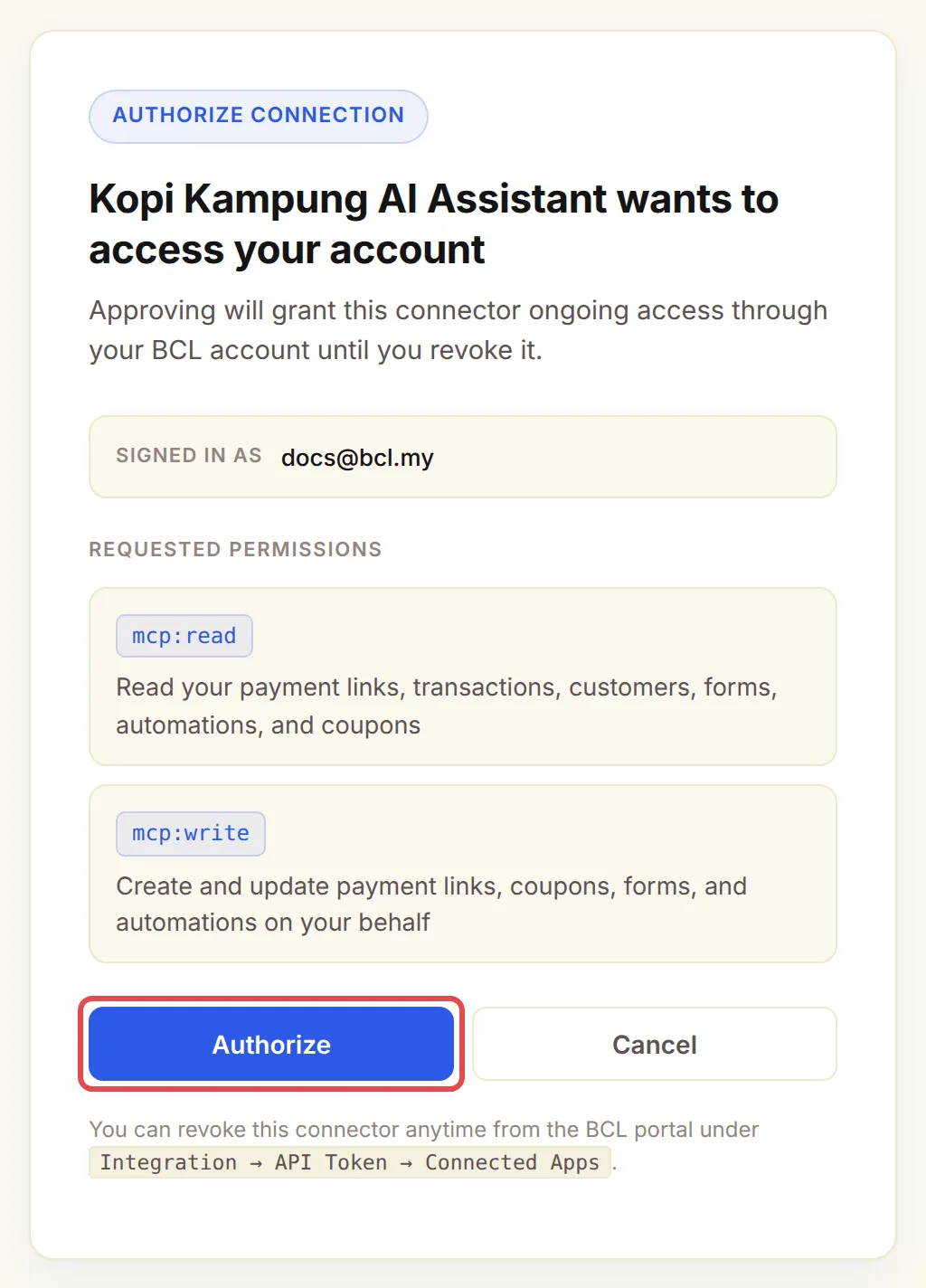 Authorize connection页面，显示App名称、已登录的账号、mcp:read和mcp，已标示Authorize按钮