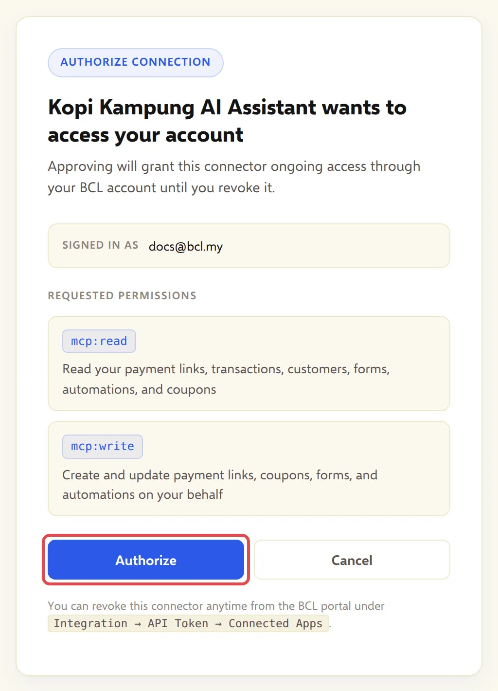 The Authorize connection screen showing the app name, the signed-in account, the mcp and mcp permissions and the Authorize button highlighted
