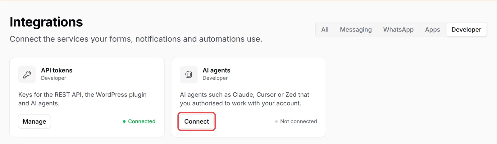 The Integrations page filtered to Developer, with the button on the AI agents card highlighted