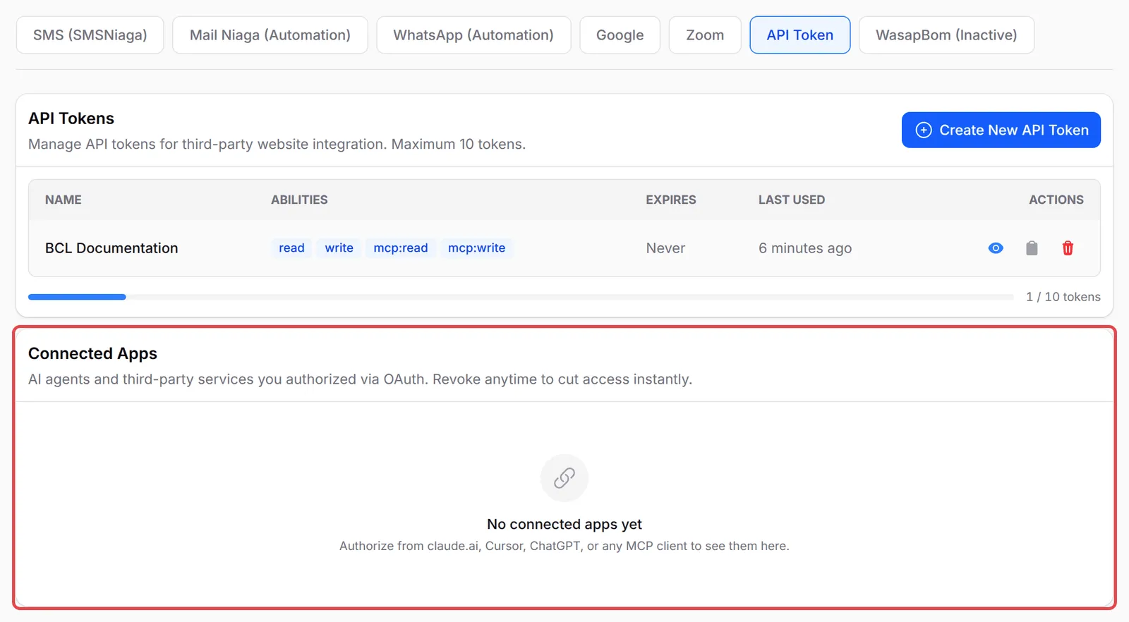 The API Token tab of Integrations with the Connected Apps section highlighted