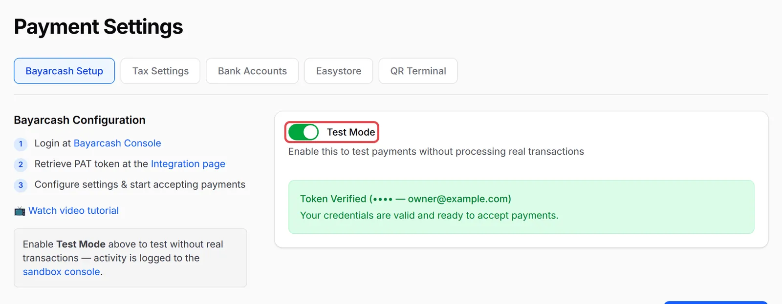 Bayarcash Setup标签页，已标示Test Mode开关