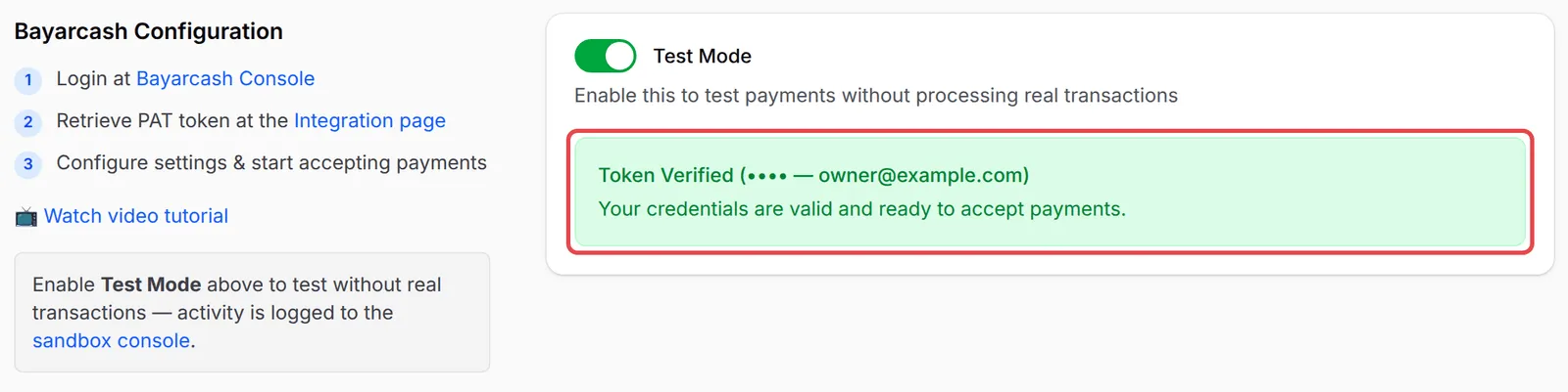 Kotak hijau Token Verified, yang mengesahkan keys anda sah dan sedia untuk menerima bayaran
