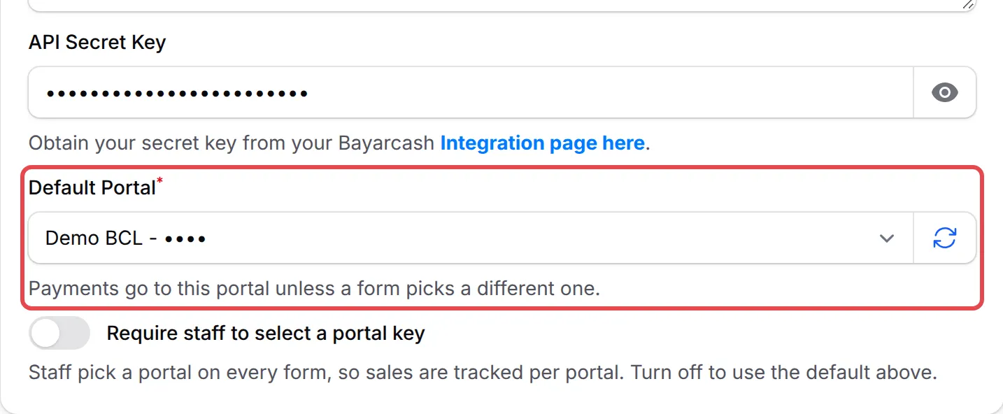 Ruangan Default Portal yang sudah ditetapkan kepada satu portal, ditanda di bawah API Secret Key