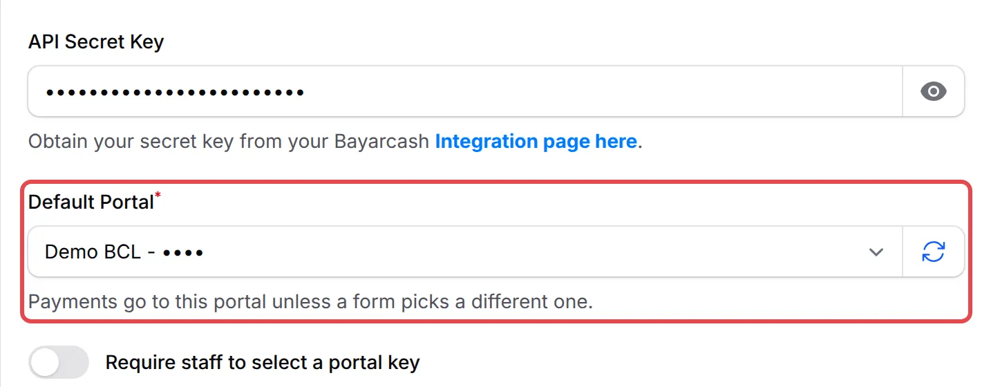 API Secret Key下方的Default Portal栏位已选好portal，并已标示