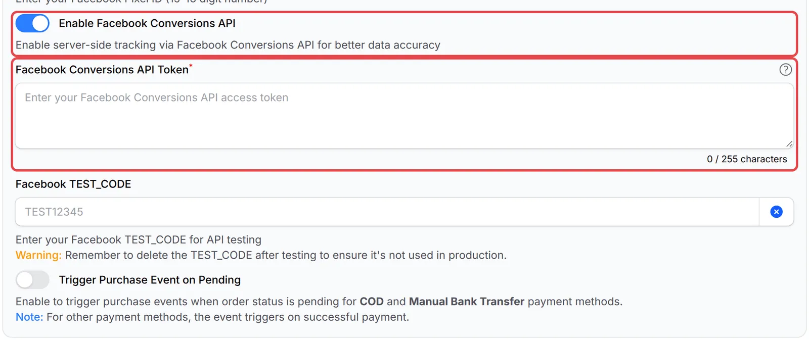 Enable Facebook Conversions API turned on, with the token field highlighted