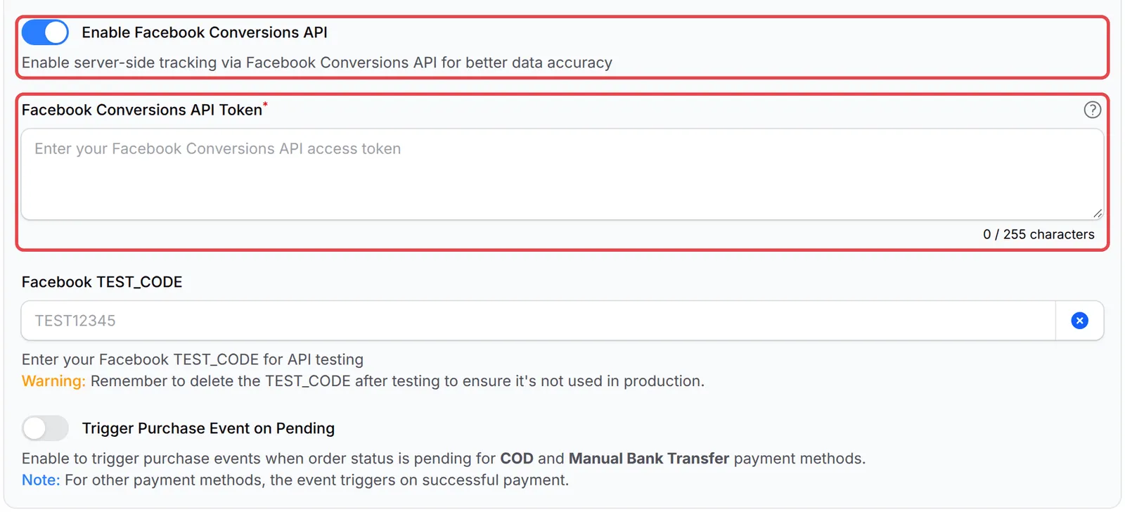 Enable Facebook Conversions API已开启,token栏位已标示