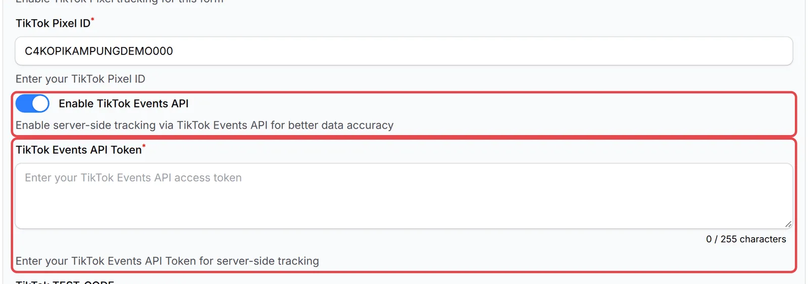 Enable TikTok Events API turned on, with the token field highlighted