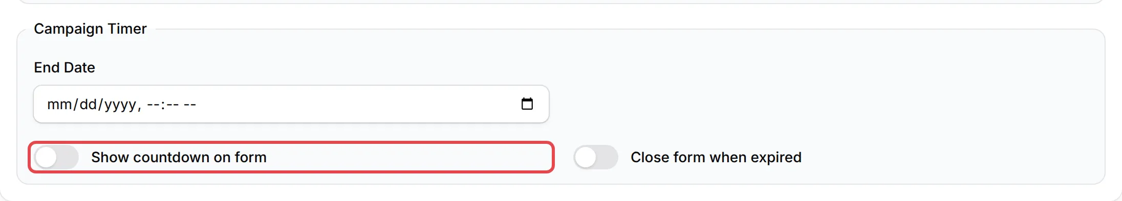 The Campaign Timer section with Show countdown on form highlighted
