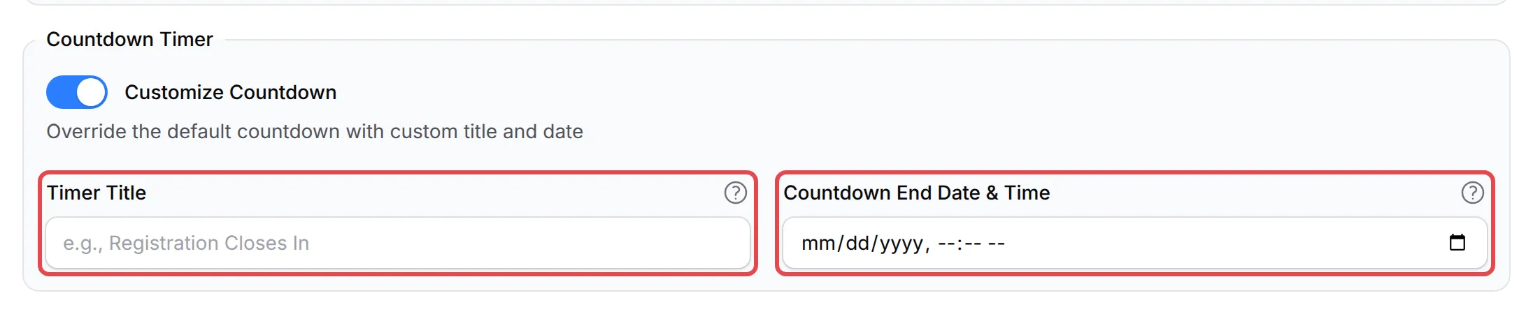 The Countdown Timer section with Customize Countdown on, and the Timer Title and Countdown End Date & Time fields highlighted