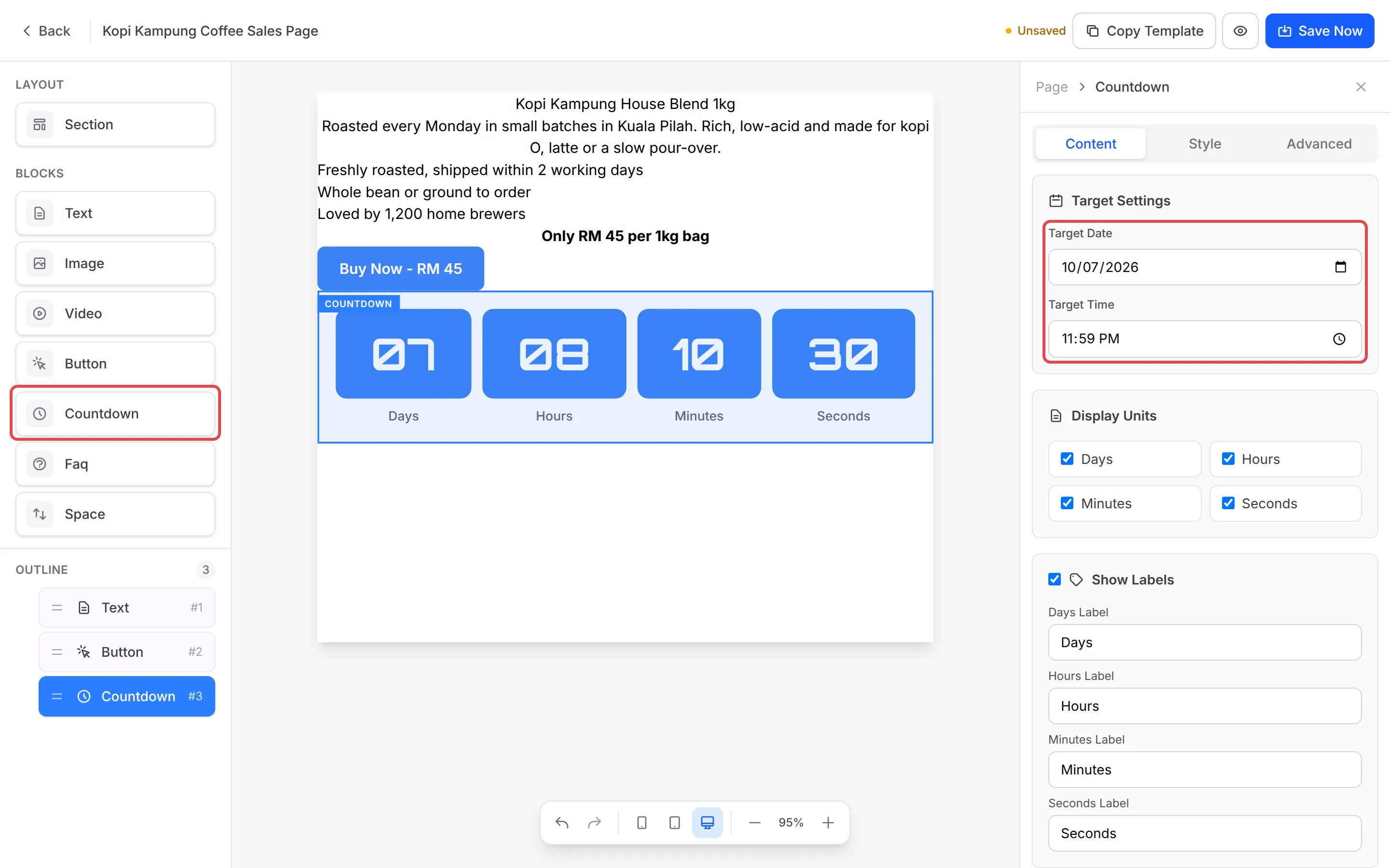 The landing page builder with the Countdown block highlighted, and its Target Date and Target Time settings