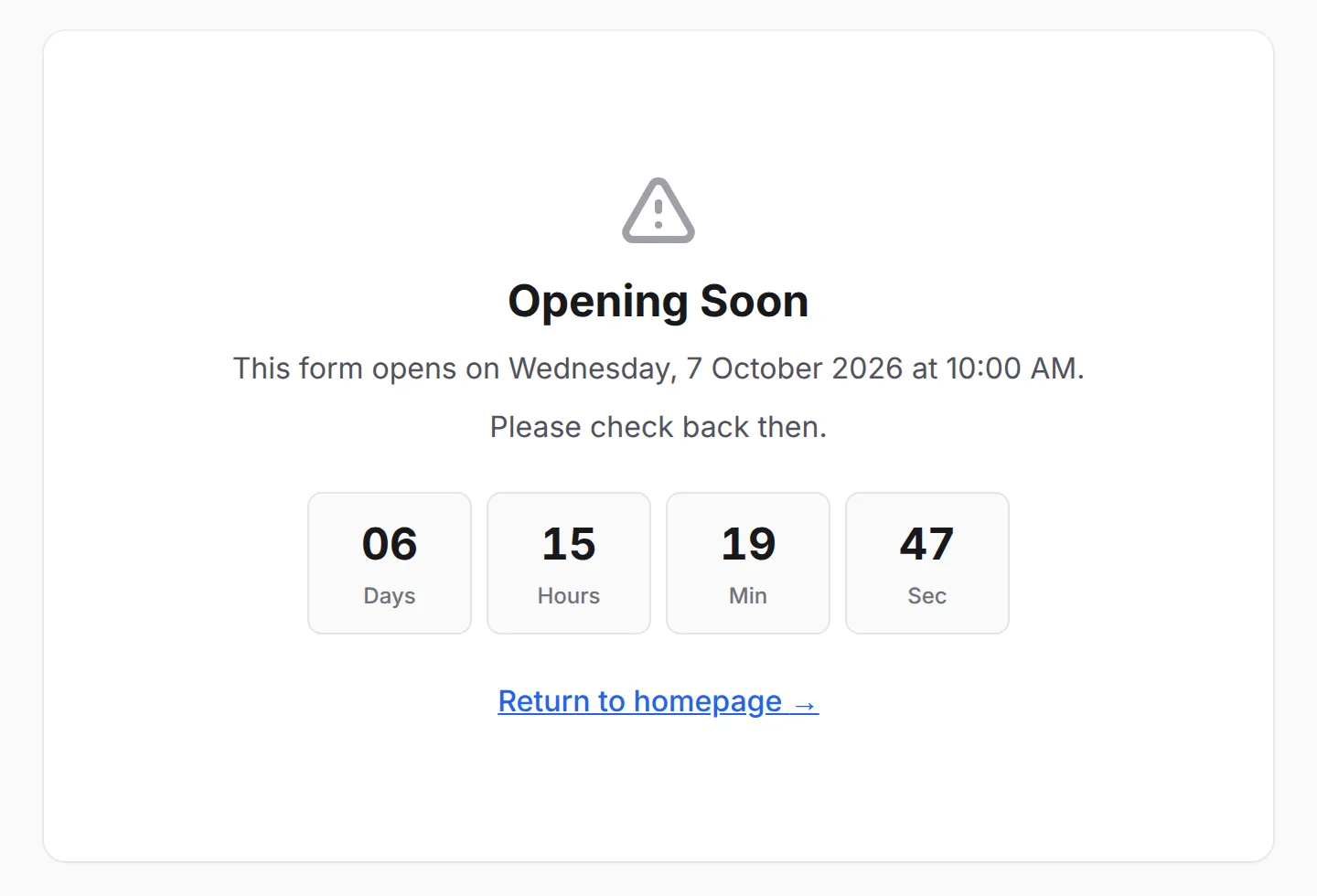 The Opening Soon page with the opening date and a countdown of days, hours, minutes and seconds
