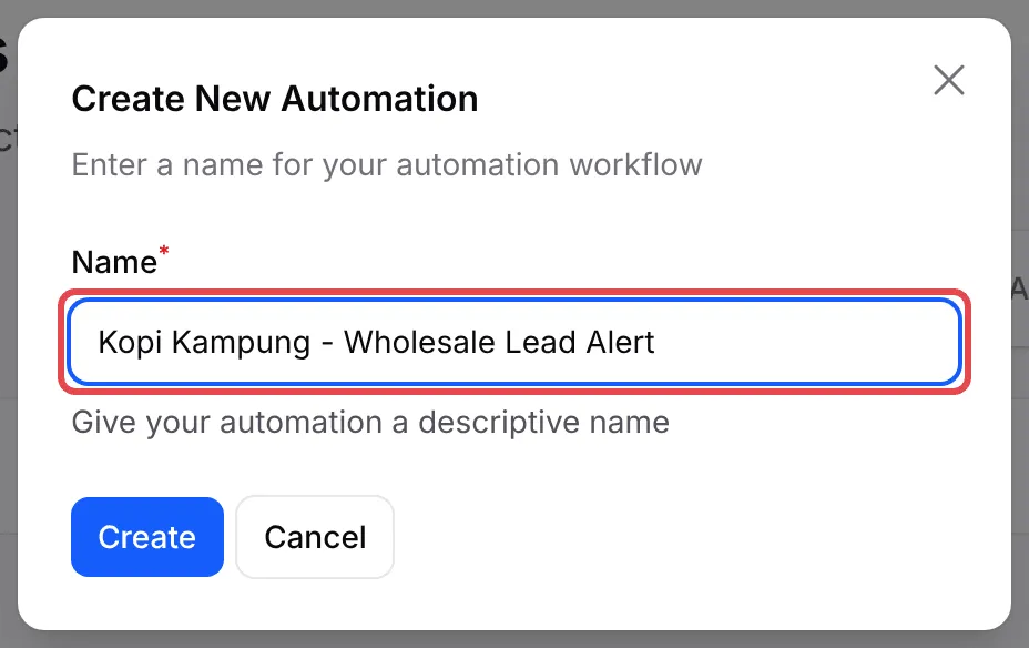 Create New Automation对话框，Name栏位已填写