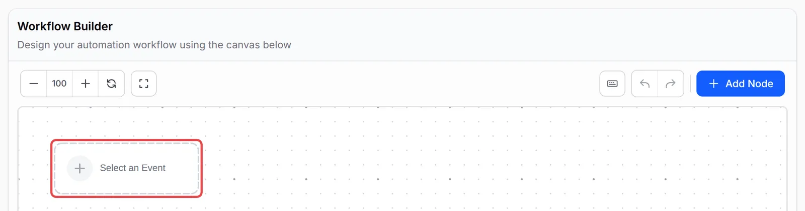The empty workflow canvas with the Select an Event box highlighted