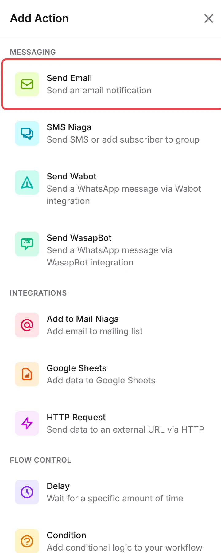 The Add Action panel with Send Email highlighted