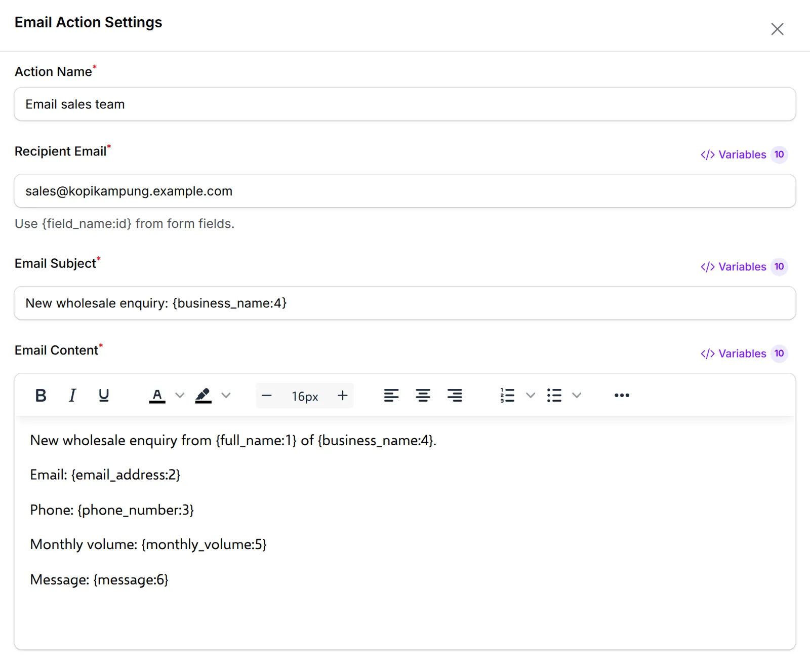 The Email Action Settings with the recipient, subject and content filled in