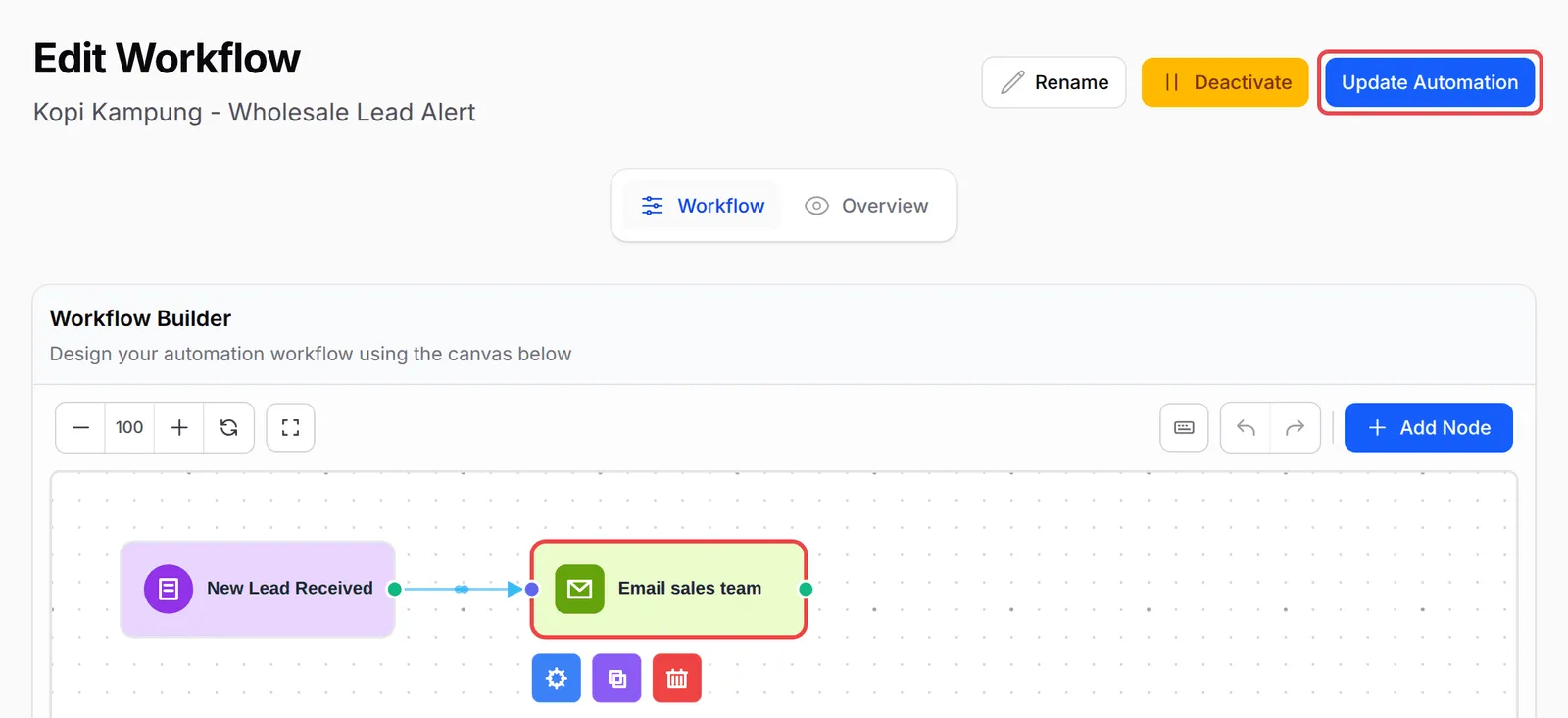 The finished workflow with the Update Automation button highlighted