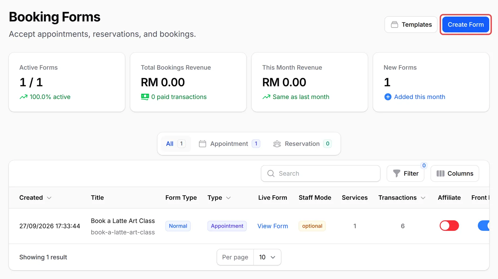 The Booking Forms page with the Create Form button highlighted