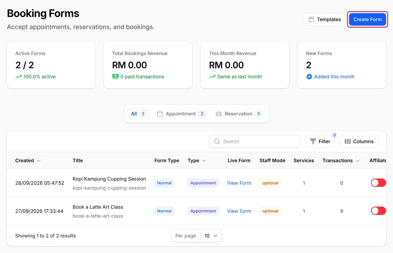 Booking Forms页面,Create Form按钮已标示