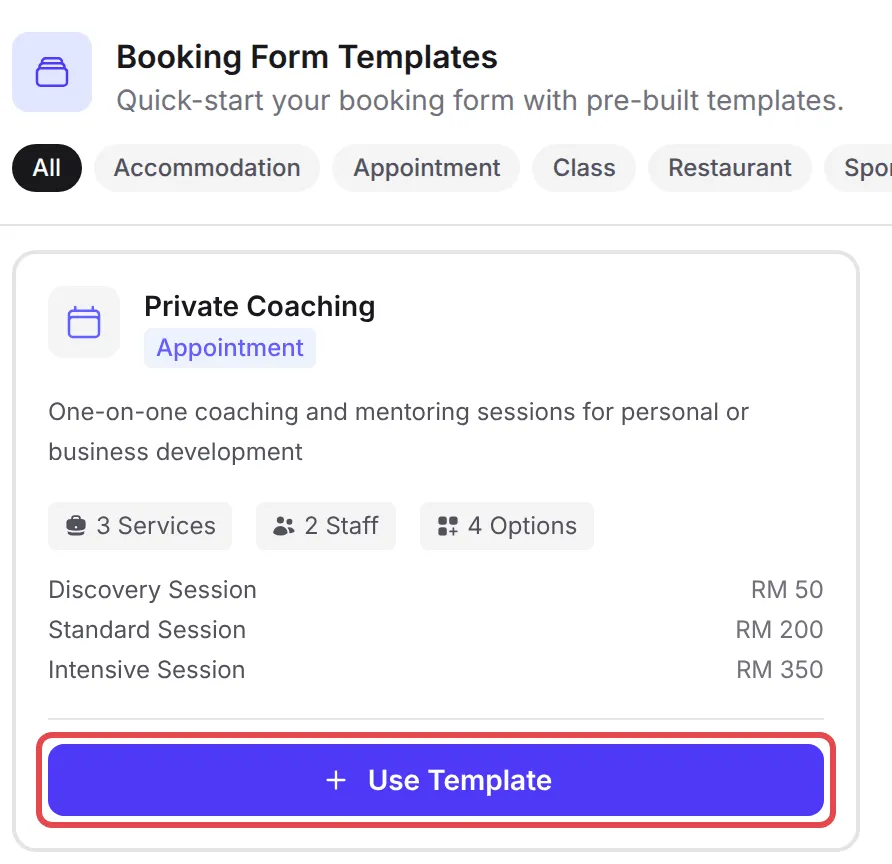 The Booking Form Templates panel with Use Template highlighted on the Private Coaching card
