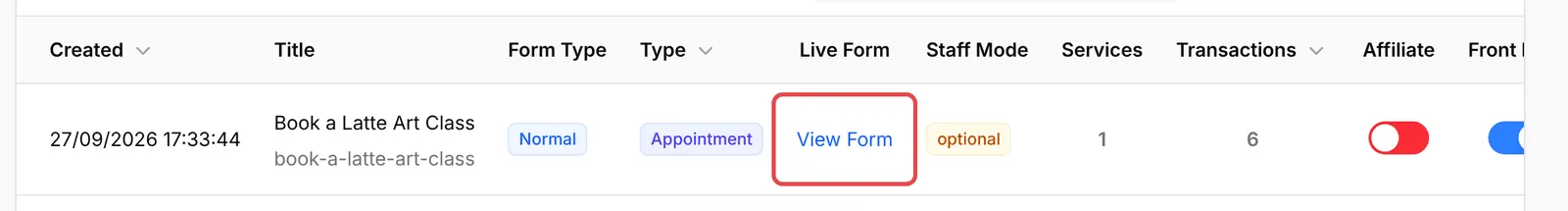 A booking form row with the View Form link highlighted
