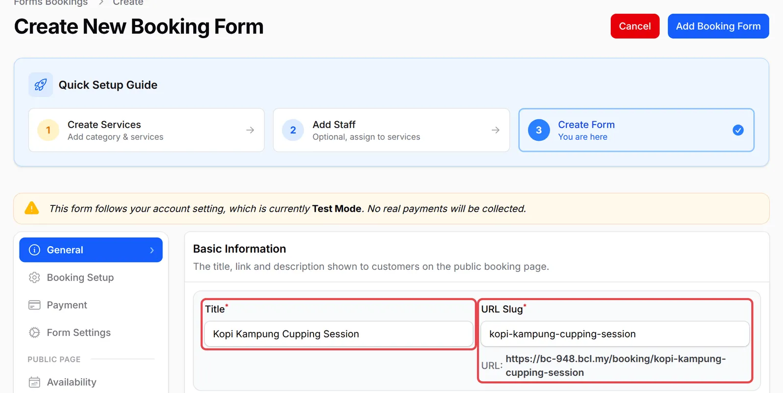 The Create New Booking Form page with Title and URL Slug highlighted