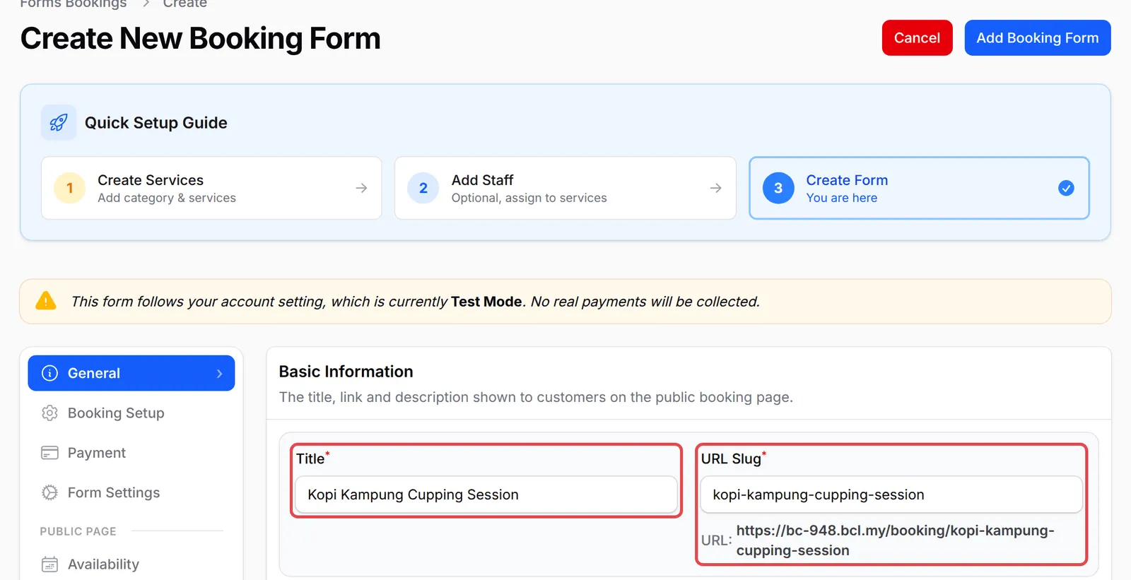 Create New Booking Form页面,Title和URL Slug已标示