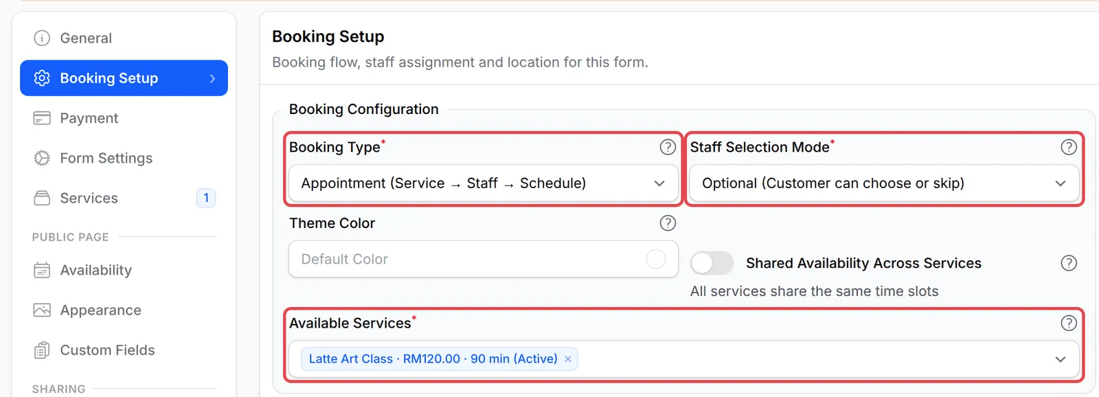 The Booking Setup tab with Booking Type, Staff Selection Mode and Available Services highlighted