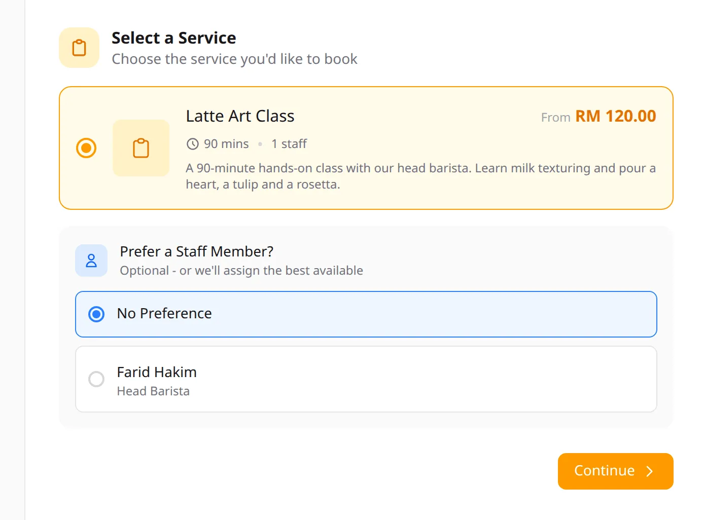The public booking page with Latte Art Class selected and the Prefer a Staff Member choice